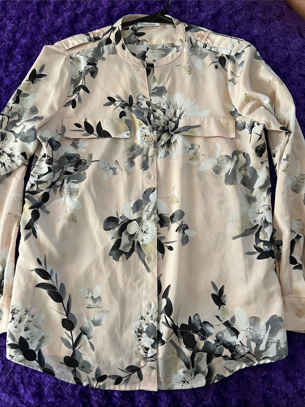 Calvin Klein Blush Floral Button-Down Shirt with Black & Gray Print